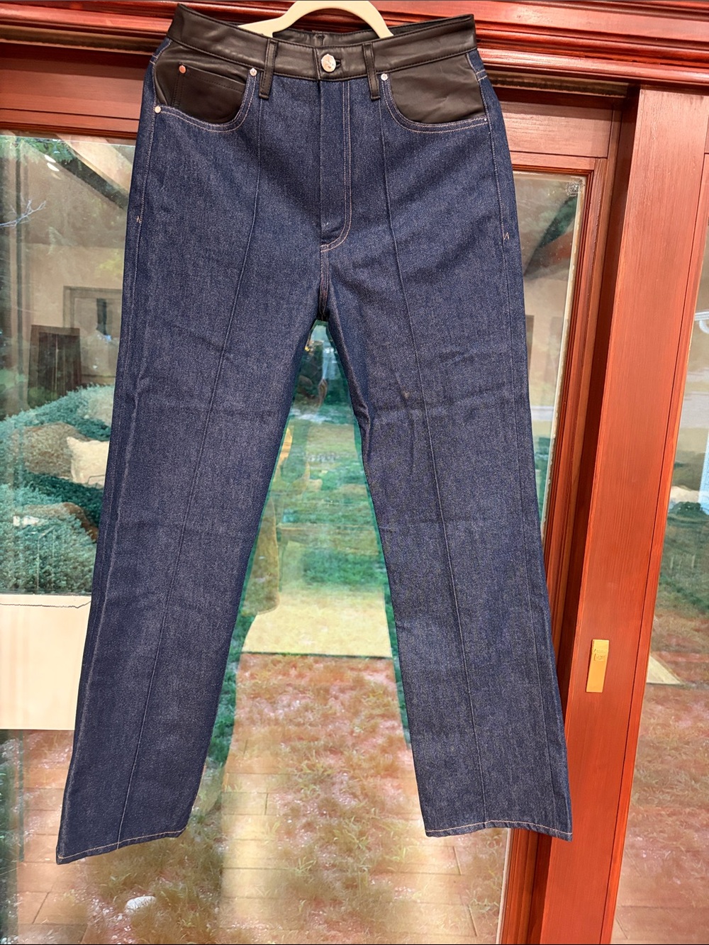 Goldsign Women’s Dark Blue Jeans with Black Leather Waistband
